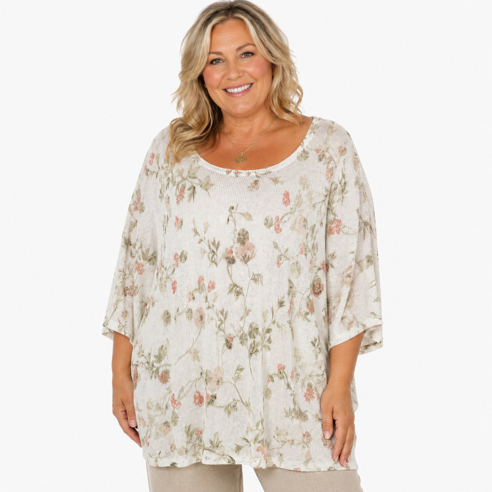 J Jill Floral Linen Blend Pullover Summer Sweater Ivory Cottagecore Beachy 2X